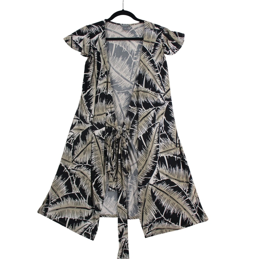 Ann Taylor Womens Palm Leaf Print Wrap Top Black Tan Flutter Sleeve Size 4